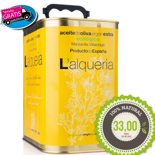 L'Alqueria. MANZANILLA VILLALONGA Ecológico. Cosecha Octubre 2025. Lata 2,5 L. Caja 2 unidades